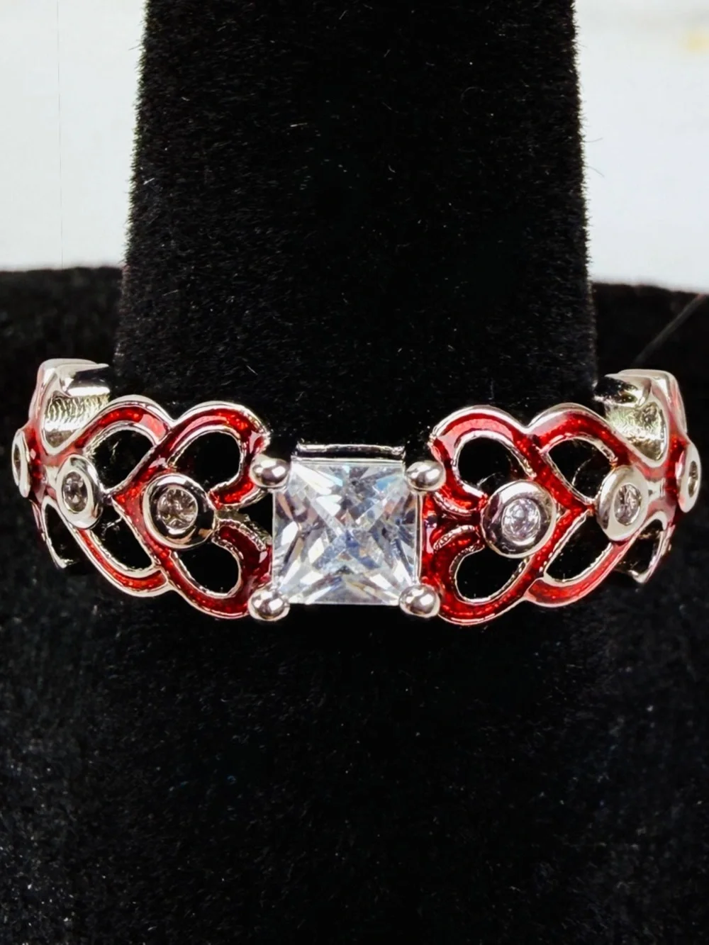 Beautiful, silvertone, red enamel, heart, clear, bling costume ring size 8